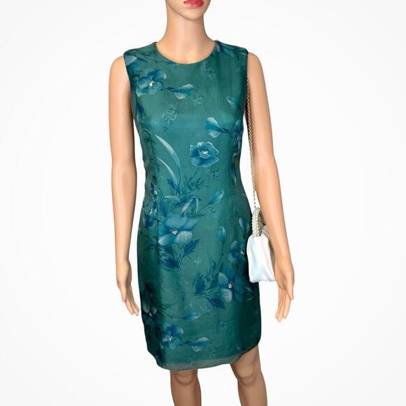 Vintage 90s Liz Claiborne 100% Silk Chiffon Dress Sz 6P Teal Floral Embellished - Picture 2 of 16